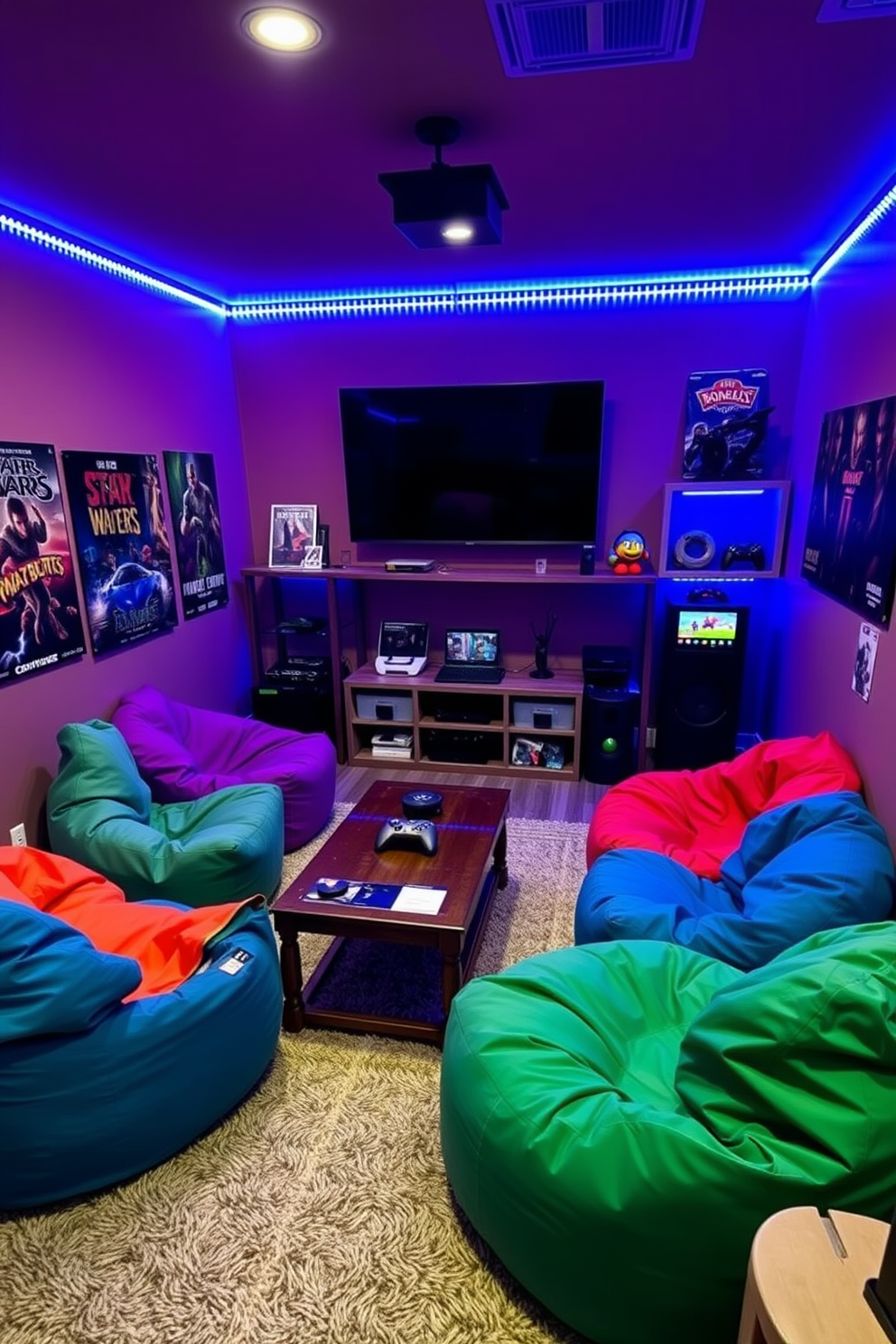 A cozy gaming man cave featuring colorful bean bags scattered around a low coffee table. The walls are adorned with gaming posters and LED strip lights create an ambient glow throughout the space. In one corner, a large flat-screen TV is mounted, surrounded by shelves filled with video game memorabilia. Plush rugs cover the floor, adding comfort and style to the casual gaming atmosphere.