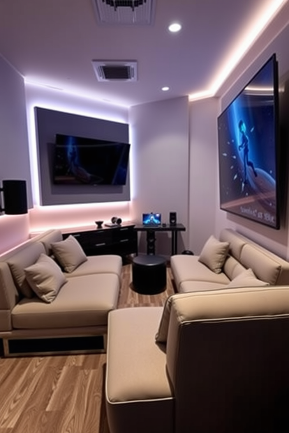 A virtual reality corner designed for immersive gaming experiences. The space features comfortable seating, ambient lighting, and wall-mounted screens for an engaging atmosphere. Incorporate soundproofing elements to enhance the gaming experience. Use sleek furniture with a modern aesthetic to create a stylish man cave vibe.