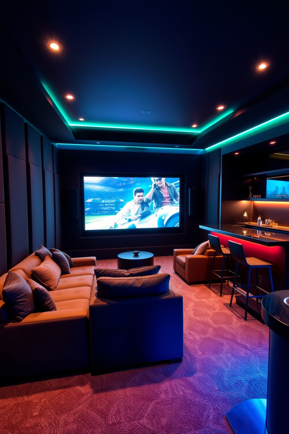 A gaming man cave designed for ultimate entertainment features plush seating arranged for optimal viewing of a large screen. The walls are decorated with sound-absorbing panels in dark colors to enhance the immersive experience, while in-wall speakers provide a surround sound atmosphere. The room includes a sleek bar area with high stools, perfect for hosting friends during gaming sessions. Ambient LED lighting adds a modern touch, creating a dynamic environment that can be adjusted based on the gaming mood.