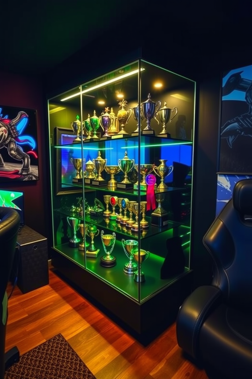 A stylish gaming man cave featuring a sleek glass display case showcasing an array of gaming trophies. The walls are adorned with dark, rich colors and gaming-themed artwork, creating an immersive atmosphere.