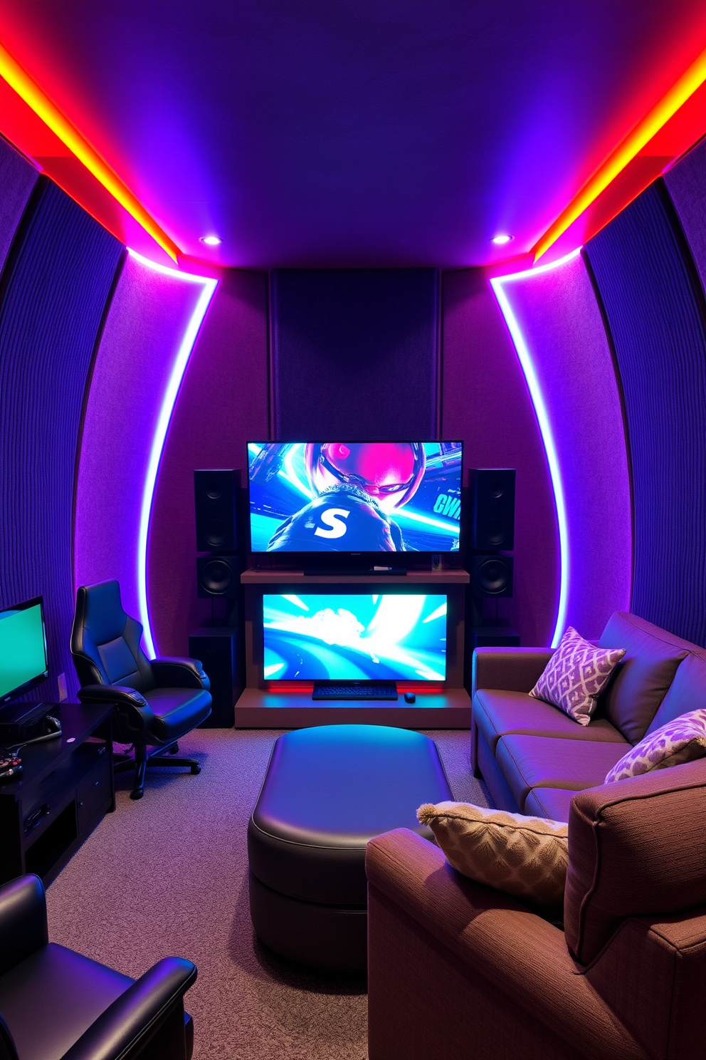 A cozy gaming man cave featuring integrated lighting that can change colors to set the mood. The walls are adorned with soundproof panels, and comfortable seating is arranged around a large screen for immersive gaming experiences.