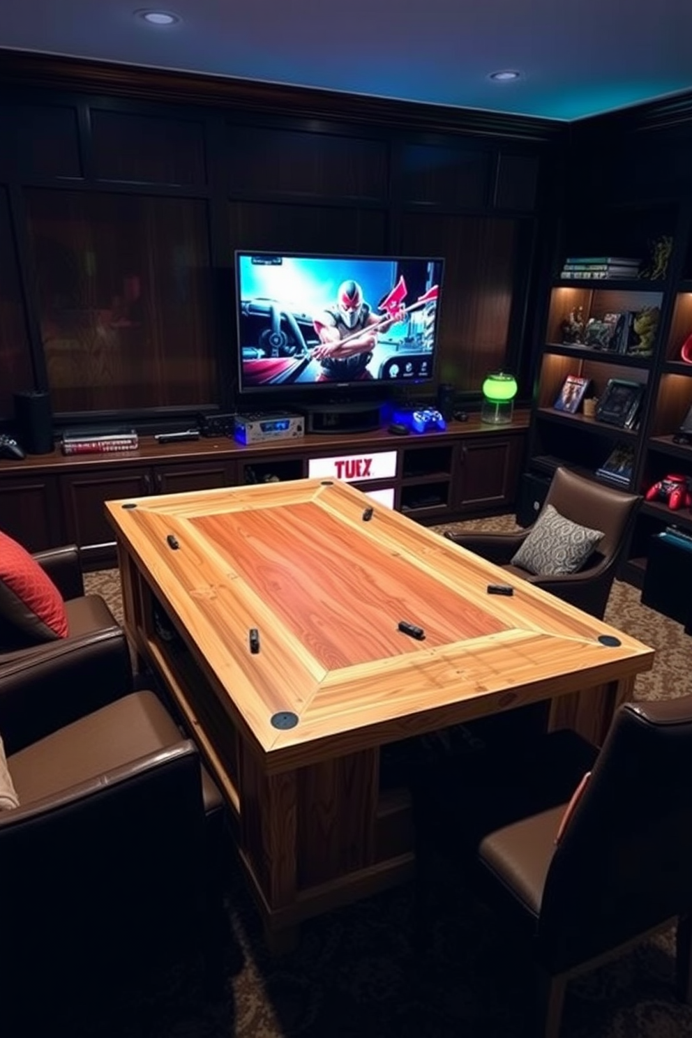 A DIY gaming table designed for tabletop games features a sturdy wooden construction with a large rectangular surface to accommodate multiple players. The table is surrounded by comfortable chairs and includes built-in storage for game pieces and accessories. The gaming man cave design is a cozy retreat with dark wood paneling and ambient lighting that sets the mood for gaming sessions. Plush seating and a large screen for video games create an inviting atmosphere, while shelves display collectibles and board games.