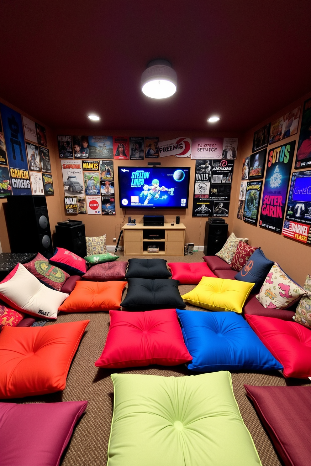 A cozy gaming man cave featuring an array of colorful floor cushions scattered around the room for flexible seating options. The walls are adorned with posters of classic video games, and a large screen is mounted for immersive gaming experiences.