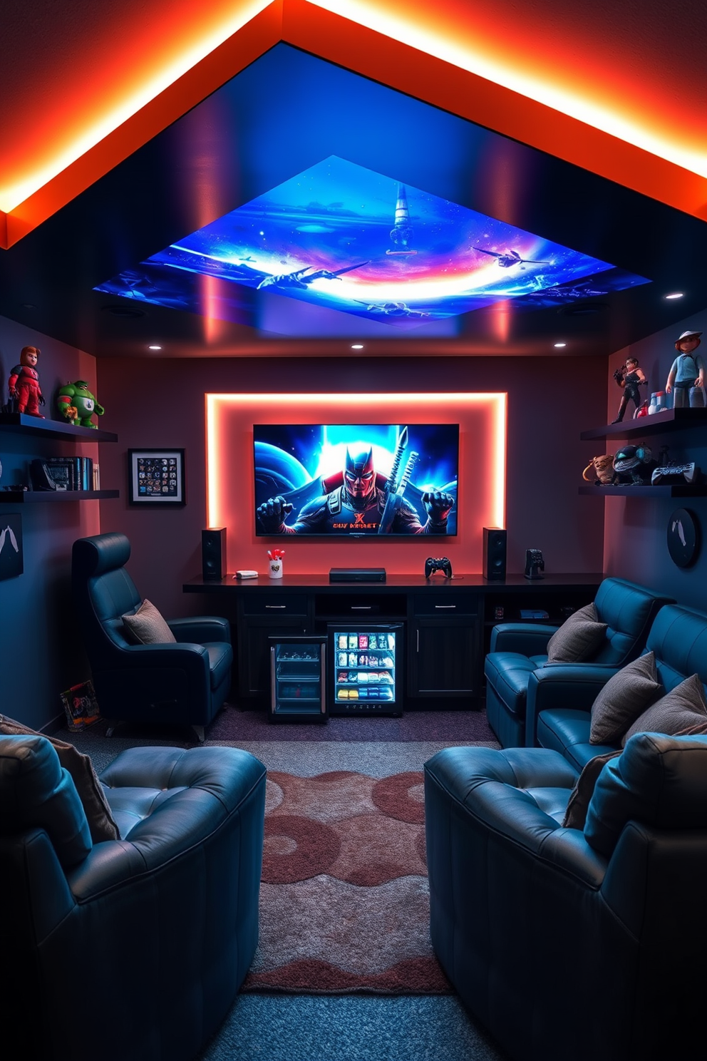 A modern gaming man cave featuring plush seating arranged around a large flat-screen TV. Smart home integration allows for voice-controlled lighting and temperature adjustments, creating the perfect atmosphere for gaming sessions. The walls are adorned with gaming-themed artwork and shelves displaying collectible figurines. A mini-fridge stocked with snacks and drinks adds to the convenience of this ultimate relaxation space.