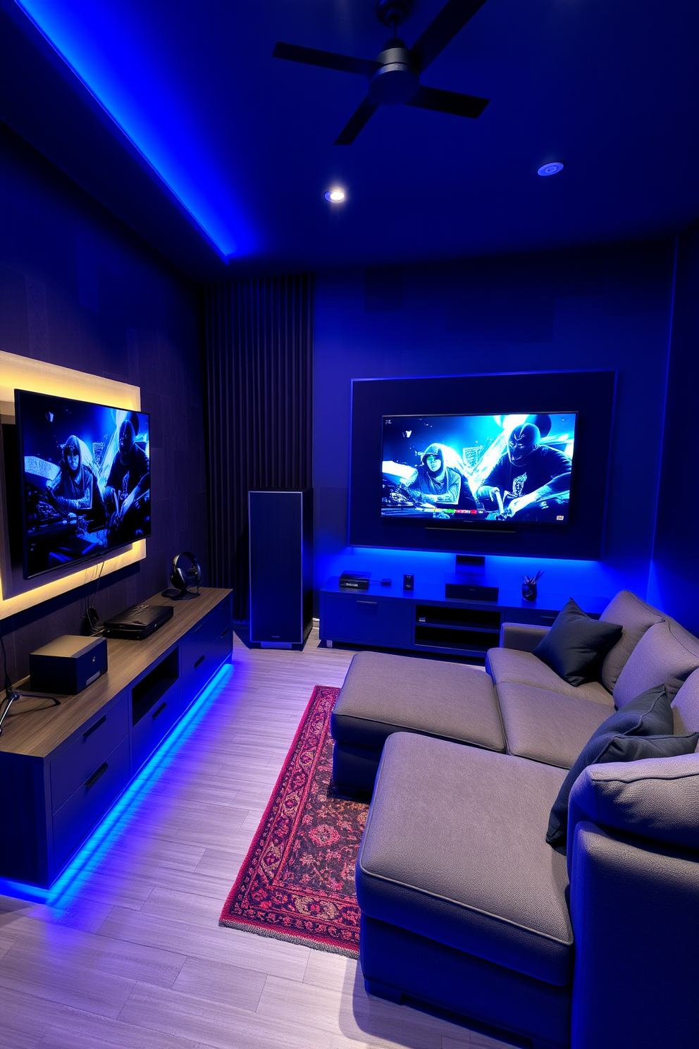 A modern gaming man cave featuring hidden cable management solutions to maintain a clean and organized appearance. The room includes a comfortable sectional sofa, a large flat-screen TV mounted on the wall, and ambient LED lighting to enhance the gaming experience.