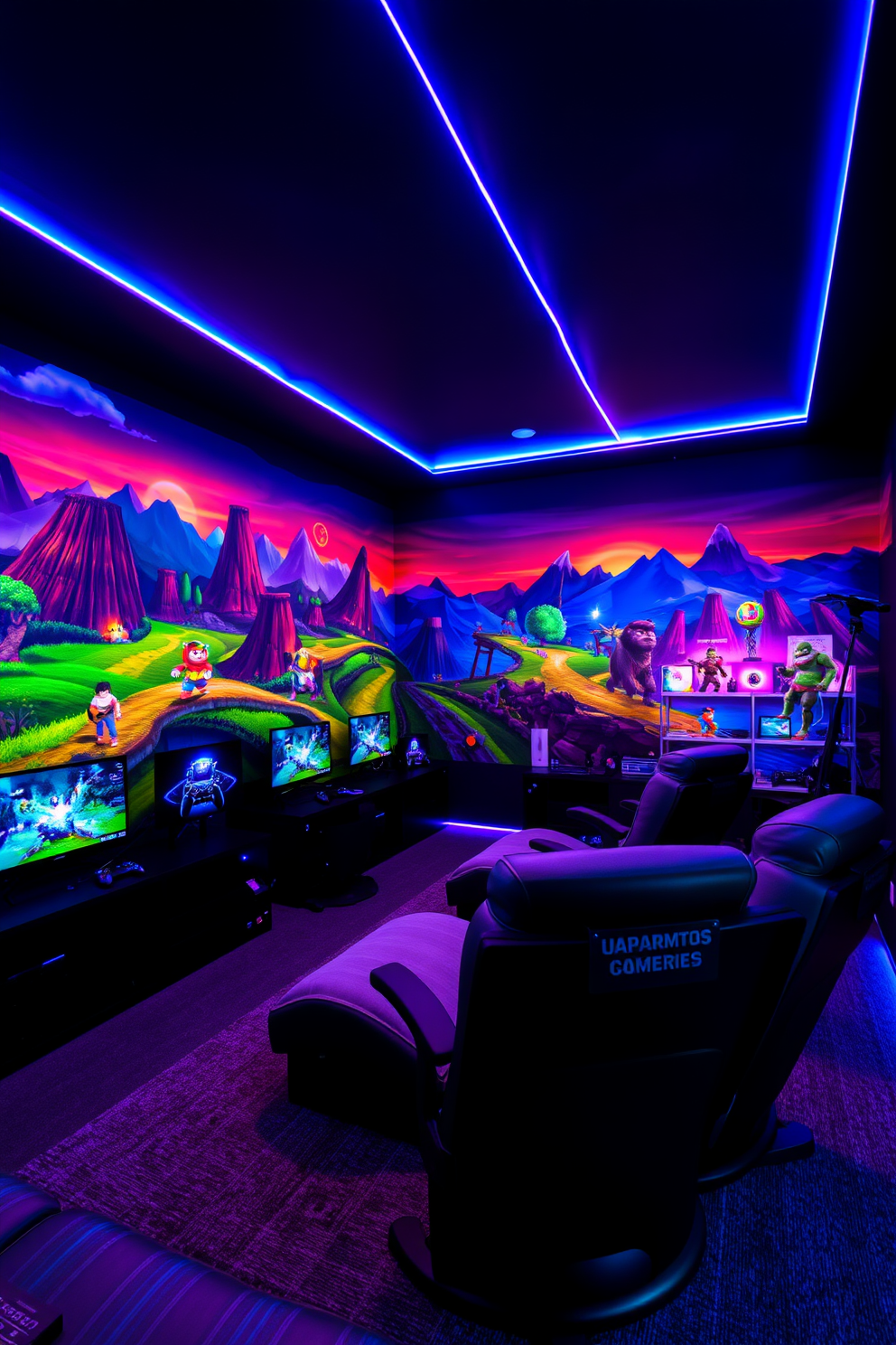 Artistic mural depicting vibrant game landscapes covers one wall, featuring iconic scenes and characters from popular video games. The room is designed with comfortable seating, ambient lighting, and gaming consoles neatly arranged for an immersive experience. Dark walls create a cozy atmosphere, while LED strip lights add a modern touch. Plush gaming chairs and a large screen create the perfect setup for gaming sessions with friends.