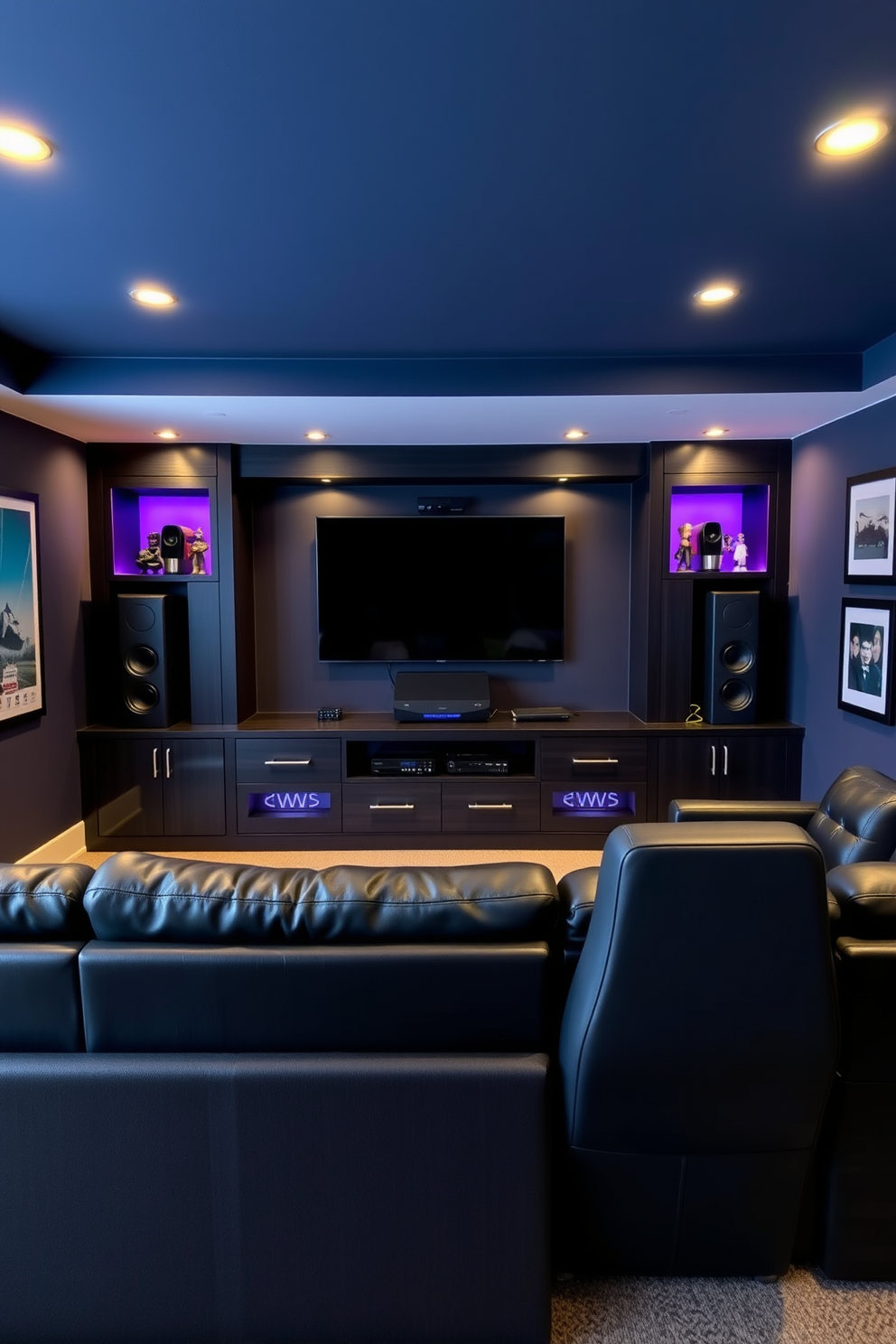 A modern gaming man cave featuring a wall-mounted TV at the center of the room. Surrounding the TV is a sleek sound system integrated into custom cabinetry with ambient lighting. The seating area includes a large sectional sofa in dark leather, complemented by plush gaming chairs. The walls are painted in a deep navy blue, adorned with framed artwork and gaming memorabilia for a personalized touch.