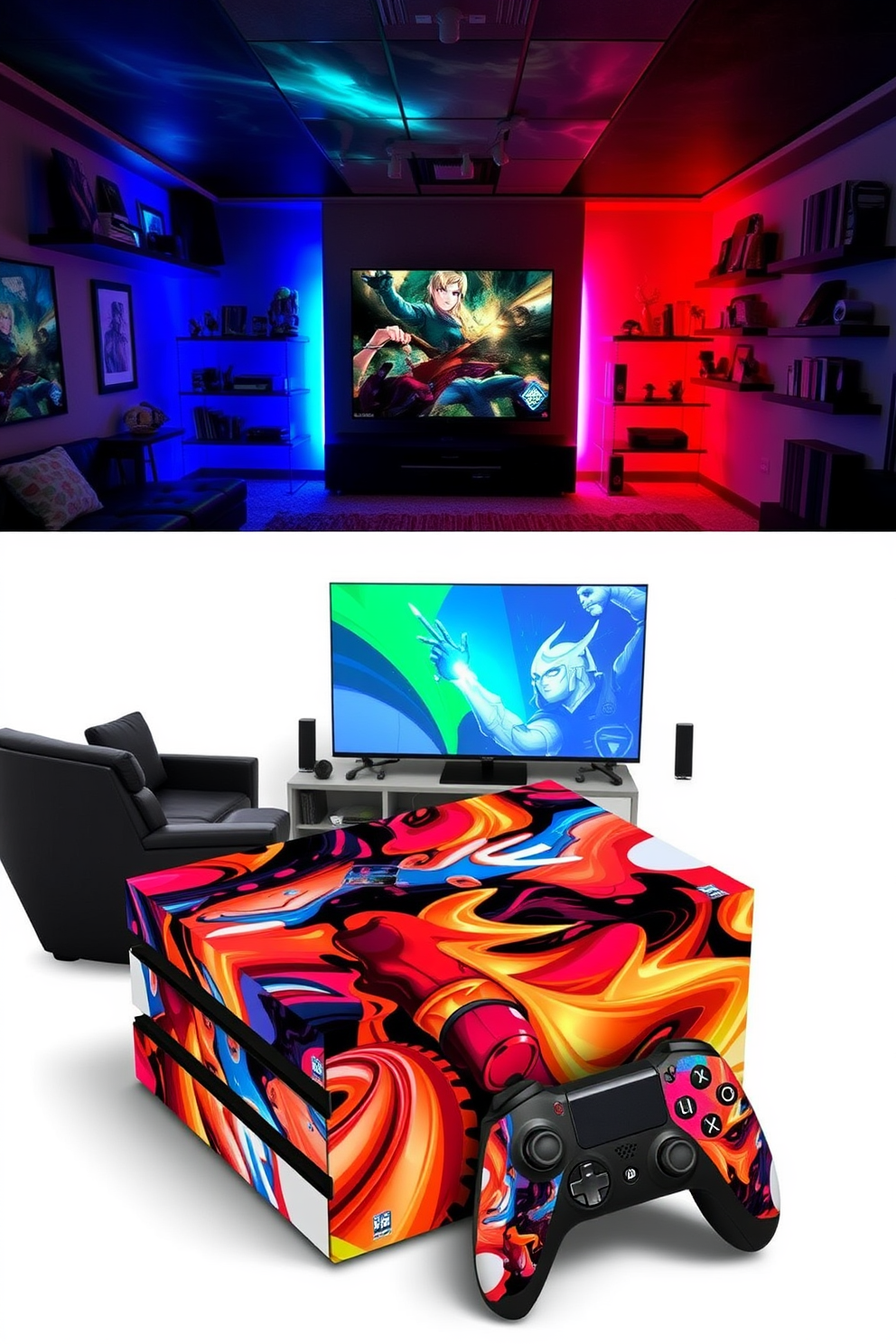 A personalized gaming console skin features a sleek design with vibrant colors and custom graphics that reflect the owner's gaming preferences. The wrap is made from high-quality vinyl, ensuring durability and a perfect fit for the console. The gaming man cave is designed with comfortable seating, ambient lighting, and soundproofing for an immersive experience. Wall-mounted shelves display collectibles, while a large screen dominates the room, creating the ultimate gaming atmosphere.