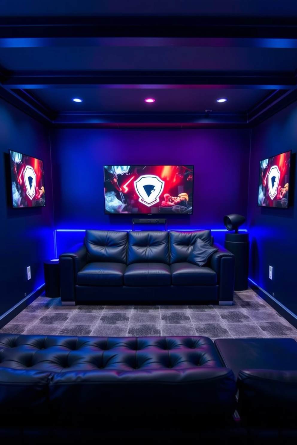 A comfortable sectional sofa is positioned in the center of a dedicated gaming man cave. The walls are painted in a deep navy blue, and ambient LED lights create a vibrant atmosphere for an immersive gaming experience.