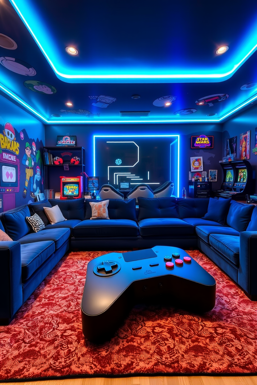 A gaming man cave designed with a retro arcade theme. The walls are adorned with vibrant murals of classic video game characters and neon lighting accents create an energetic atmosphere. A large sectional sofa in deep blue provides ample seating for friends. A custom coffee table shaped like a game controller sits in the center, surrounded by gaming consoles and vintage memorabilia.