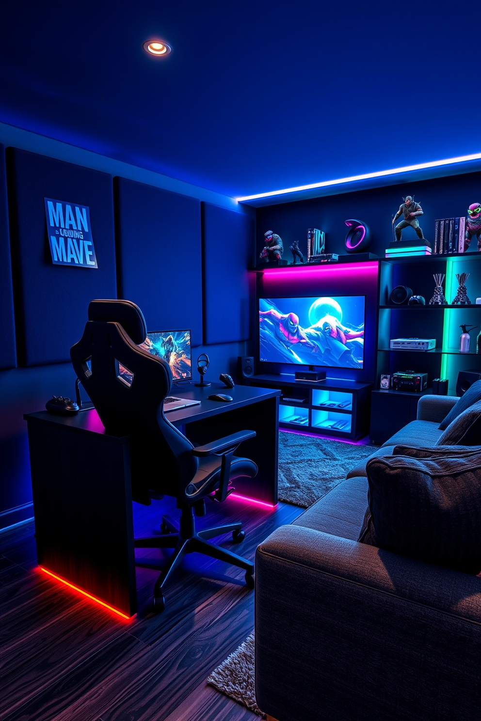 A modern gaming desk setup featuring an ergonomic chair designed for comfort and support. The desk is made of sleek black wood and has RGB lighting underneath, creating an immersive atmosphere. The man cave is designed with dark walls and soundproofing panels for an optimal gaming experience. Plush seating surrounds a large flat-screen TV, and shelves are filled with gaming memorabilia and colorful LED accents.