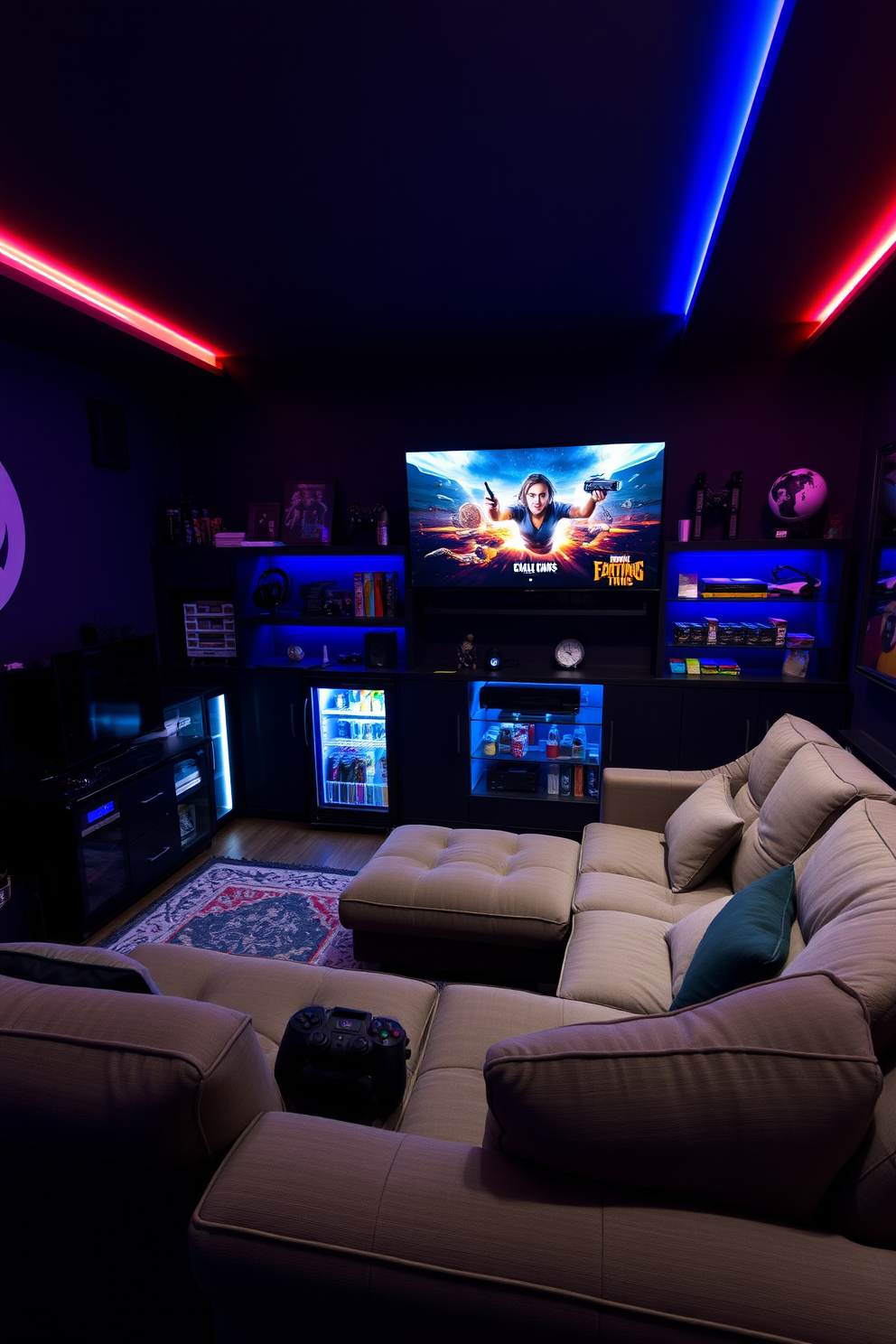 A gaming man cave designed for ultimate relaxation and entertainment. The walls are adorned with dark, rich colors, and LED strip lights illuminate the space with dynamic colors that change with the mood. A large sectional sofa provides ample seating, facing a massive flat-screen TV mounted on the wall. Surrounding the TV, there are shelves filled with gaming memorabilia and a mini-fridge stocked with snacks and drinks.