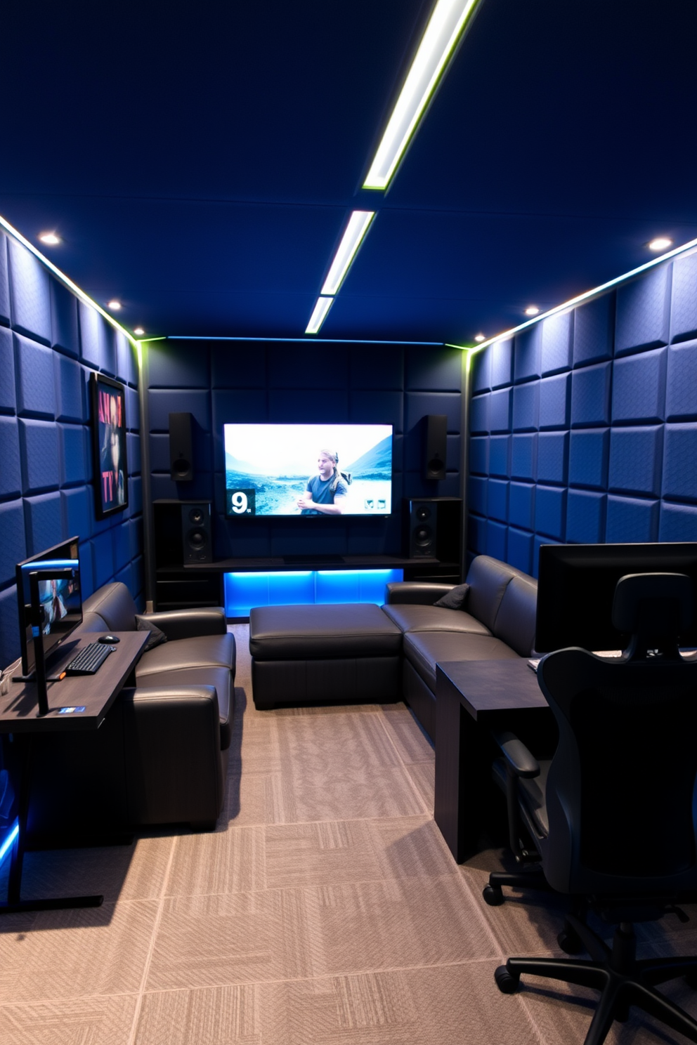 A cozy gaming man cave designed for immersive experiences. The walls are lined with soundproofing panels in deep blue, creating an inviting atmosphere for extended gaming sessions. A large sectional sofa faces a wall-mounted flat-screen TV, surrounded by ambient LED lighting. A custom-built gaming desk with multiple monitors sits in the corner, complete with ergonomic seating for comfort.