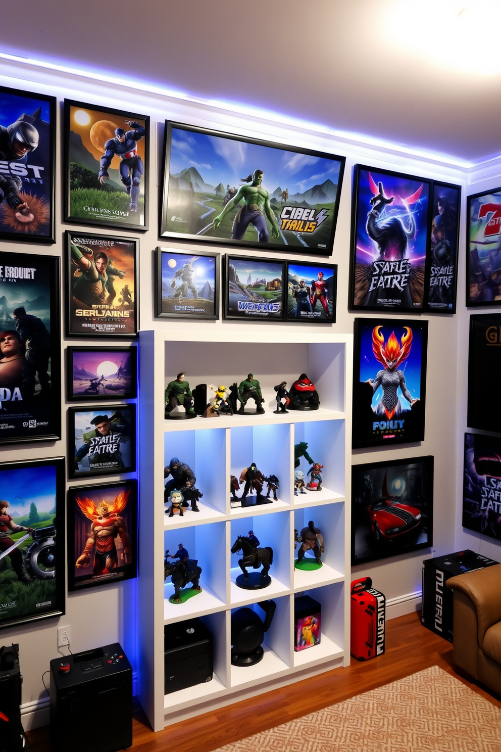 A personalized gaming wall art display featuring vibrant posters of iconic video game characters and landscapes. The walls are adorned with framed art pieces, creating an immersive environment that reflects the owner's gaming passion. In the center, a custom-built shelving unit showcases collectible figures and gaming memorabilia. The space is illuminated with LED strip lights, enhancing the atmosphere of this ultimate gaming man cave.