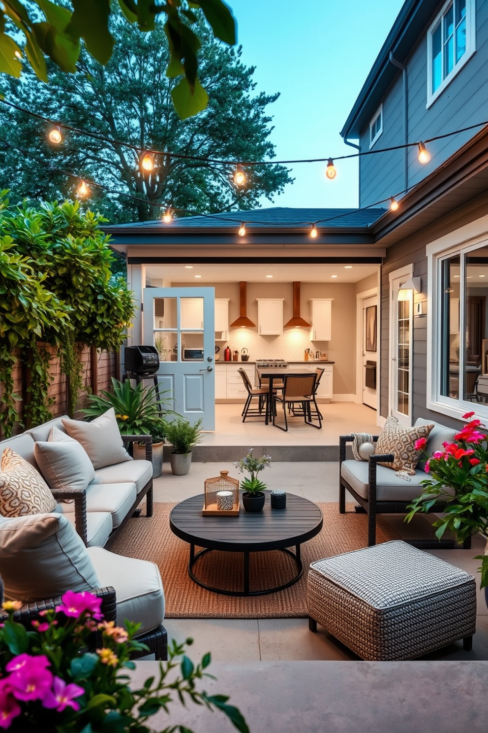 Inviting outdoor patio for relaxation. The space features comfortable seating with plush cushions surrounded by lush greenery and colorful flowers. A stylish coffee table sits in the center, adorned with a few decorative items and a small potted plant. Soft ambient lighting is provided by string lights overhead, creating a warm and welcoming atmosphere. Garage apartment design ideas. The layout includes an open-concept living area with a modern kitchenette and a cozy seating arrangement. Large windows allow natural light to flood the space, complemented by neutral tones and minimalist decor for a spacious feel.