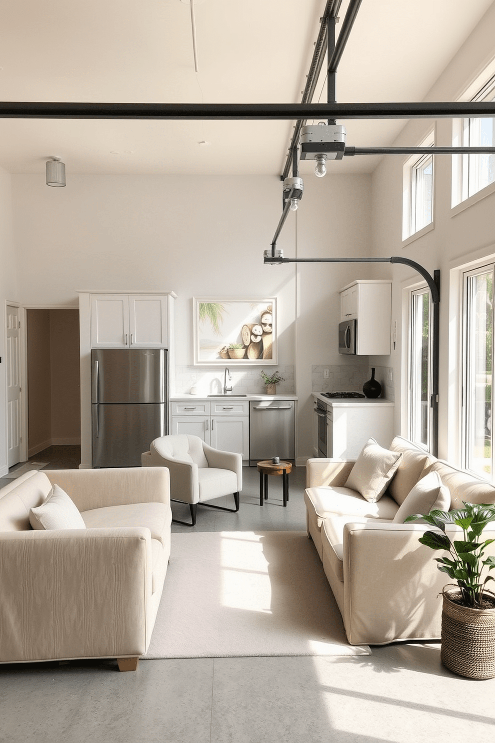 A cozy garage apartment featuring a neutral color palette that promotes a calming atmosphere. The living area includes a soft beige sofa paired with light gray accent chairs, creating an inviting space. Natural light floods in through large windows, illuminating the open layout. The kitchen boasts white cabinetry and a subtle marble backsplash, enhancing the serene vibe.