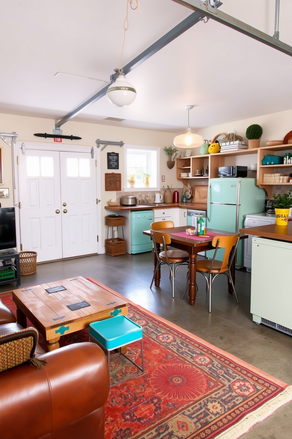 A cozy garage apartment featuring vintage touches that add unique character. The living area includes a reclaimed wood coffee table paired with a classic leather sofa and an antique rug that ties the space together. The kitchen area showcases retro-style appliances in pastel colors and open shelving made from distressed wood. A vintage dining table with mismatched chairs creates an inviting atmosphere for meals and gatherings.