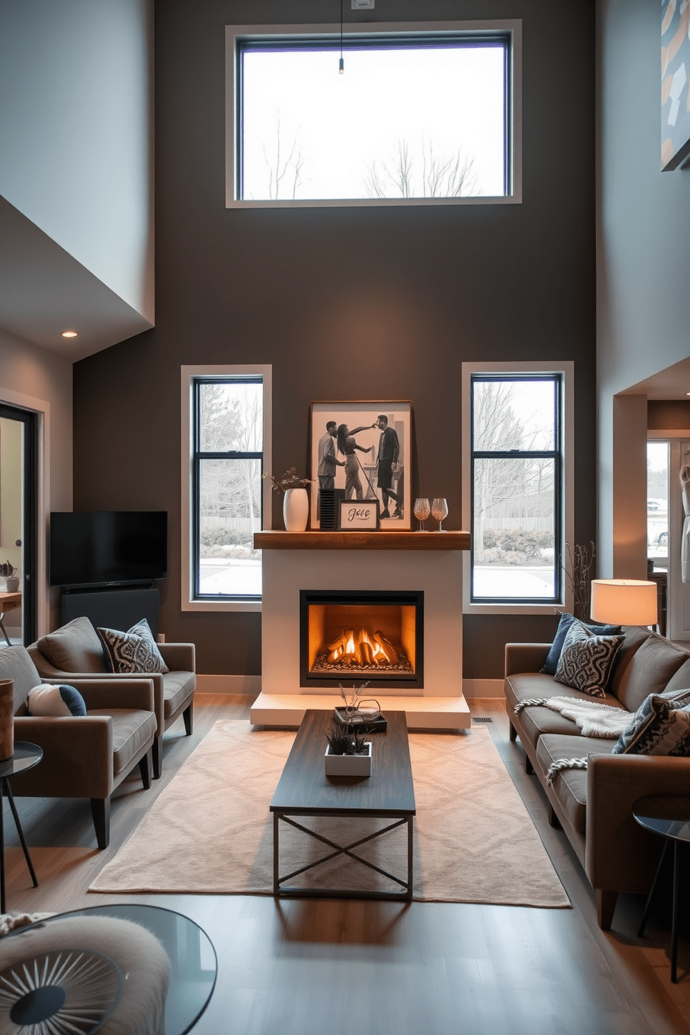 A cozy fireplace is the focal point of the living area, surrounded by comfortable seating arranged in a conversational layout. The mantel is adorned with decorative items and soft lighting creates a warm ambiance throughout the space. The garage apartment features an open floor plan that maximizes space and functionality. Large windows allow natural light to flood in, while modern finishes and smart storage solutions enhance the overall design.