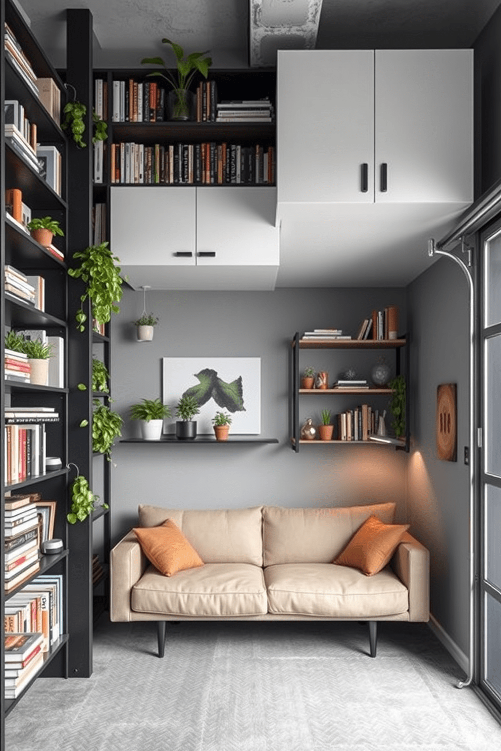 A garage apartment with innovative vertical storage solutions. Shelving units extend from floor to ceiling, showcasing a mix of books, plants, and decorative items. The living area features a compact sofa that doubles as a bed, maximizing functionality. Above the sofa, wall-mounted cabinets provide additional storage while keeping the space open and airy.