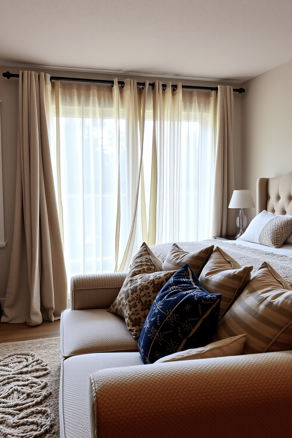 A cozy garage apartment featuring textured fabrics throughout the space. The living area includes a plush sofa adorned with a mix of throw pillows in various patterns and materials, creating an inviting atmosphere. The bedroom is designed with a soft upholstered headboard and layered bedding that incorporates different textures. Sheer curtains frame the windows, allowing natural light to filter in while maintaining privacy.