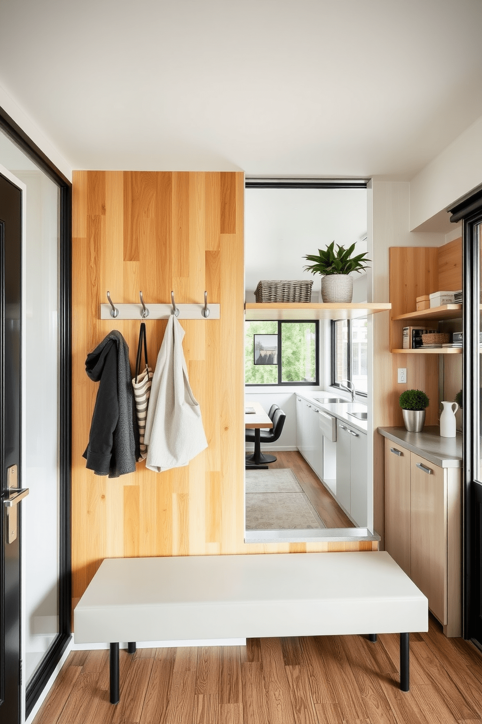 A well-organized entryway features a series of sleek hooks mounted on a warm wooden wall for hanging coats and bags. Below the hooks, a minimalist bench provides a convenient seating area, and open shelves above display decorative baskets and plants. The garage apartment design incorporates a functional layout with a compact kitchenette and a cozy living space. Large windows allow natural light to flood the area, enhancing the modern aesthetic with neutral tones and stylish furnishings.