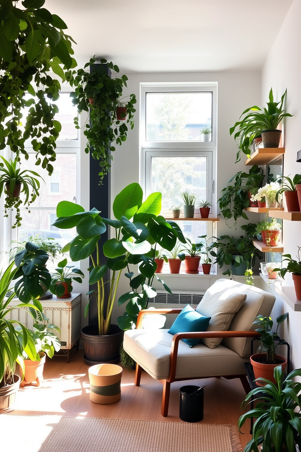 A cozy garage apartment filled with indoor plants creates a refreshing atmosphere. The living area features large windows allowing natural light to flood in, highlighting the greenery throughout the space. In one corner, a tall fiddle leaf fig stands next to a comfortable reading chair. Shelves adorned with various potted plants line the walls, adding life and color to the minimalist decor.