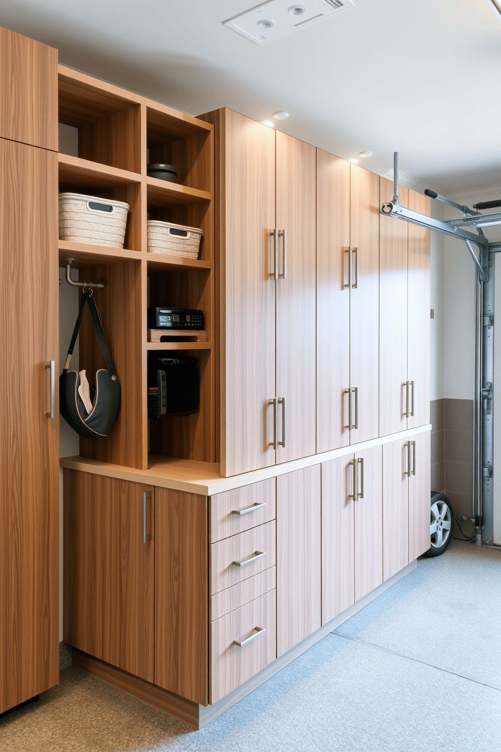 Custom cabinetry designed for personalized storage enhances the functionality and aesthetics of a garage apartment. The cabinetry features sleek lines and a mix of open and closed storage options, allowing for an organized yet stylish space. Incorporating a neutral color palette with warm wood tones creates a welcoming atmosphere. Thoughtfully placed lighting highlights the cabinetry while adding a cozy ambiance to the garage apartment.