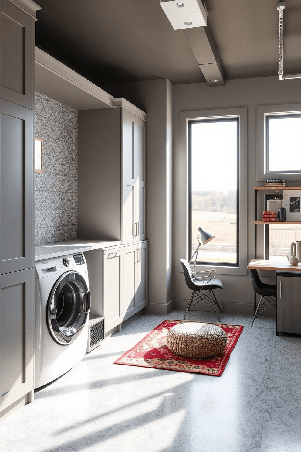 Functional laundry area with design flair. The space features custom cabinetry in a soft gray finish, providing ample storage and a sleek countertop for folding clothes. A stylish backsplash in a geometric pattern adds visual interest, while a large window allows natural light to flood the room. The laundry appliances are stacked for efficiency, and a colorful rug brings warmth to the space. Garage apartment design ideas. The layout includes an open-plan living area with a cozy seating arrangement and a compact kitchenette featuring modern appliances. Large windows offer views of the surrounding landscape, while a dedicated workspace with a desk and shelving maximizes functionality.