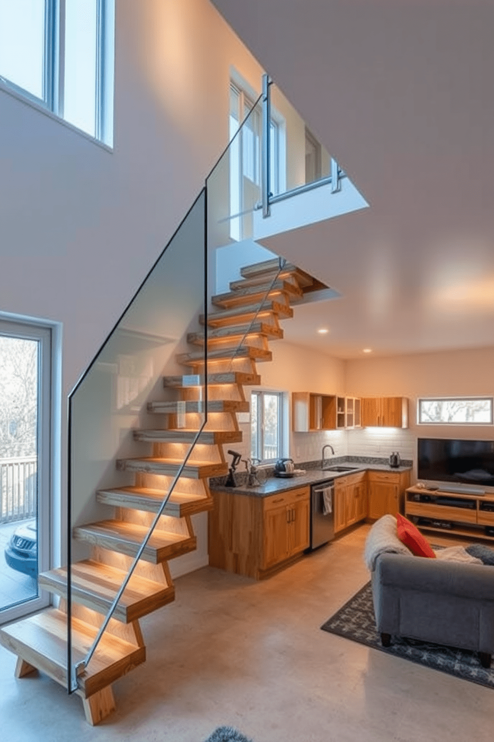 A unique staircase design featuring a floating structure with glass railings that create an illusion of openness. The stairs are made of reclaimed wood and have integrated LED lighting that highlights each step. A garage apartment design that maximizes space with an open-concept layout. The living area includes a compact kitchenette, a cozy seating area, and large windows that allow natural light to flood the space.