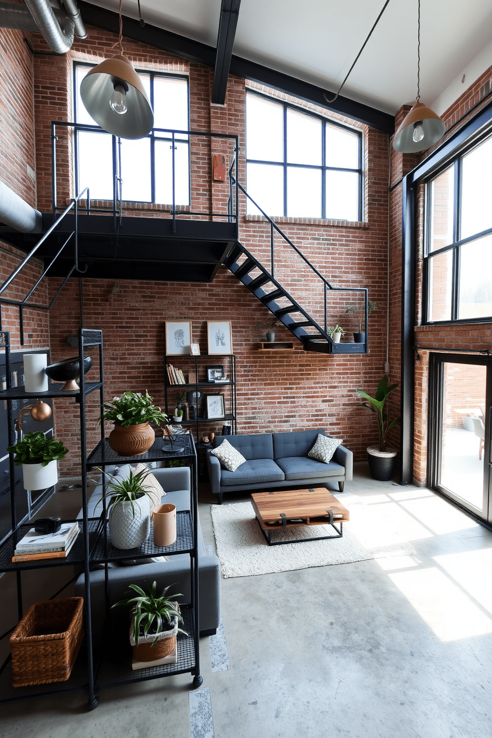 A stylish garage apartment featuring an open floor plan with exposed brick walls and large windows that allow natural light to flood the space. Metal accents are incorporated throughout, including a sleek steel staircase and industrial-style light fixtures that enhance the modern aesthetic. The living area boasts a minimalist sofa paired with a reclaimed wood coffee table, creating a cozy yet sophisticated atmosphere. A metal shelving unit displays curated decor items and plants, adding warmth and character to the industrial design.