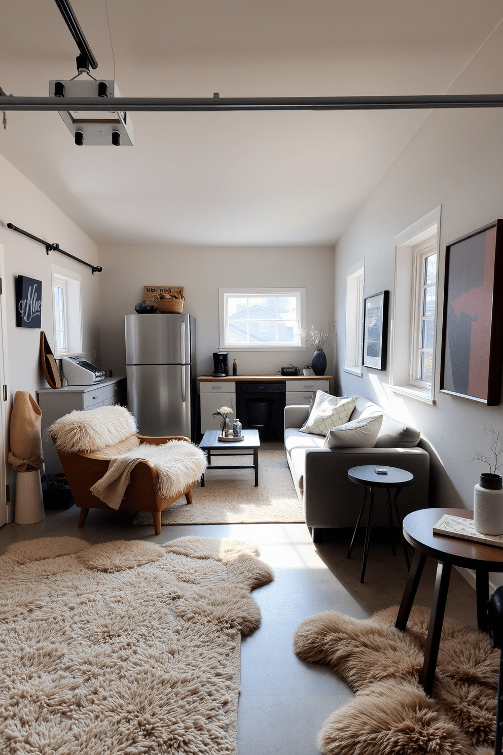 A cozy garage apartment featuring soft, plush rugs that add warmth and comfort to the living space. The open layout includes a small kitchenette with modern appliances and a comfortable seating area with a stylish sofa and coffee table. Natural light floods the room through large windows, enhancing the inviting atmosphere. The walls are painted in a light neutral tone, complemented by decorative artwork that adds character to the space.