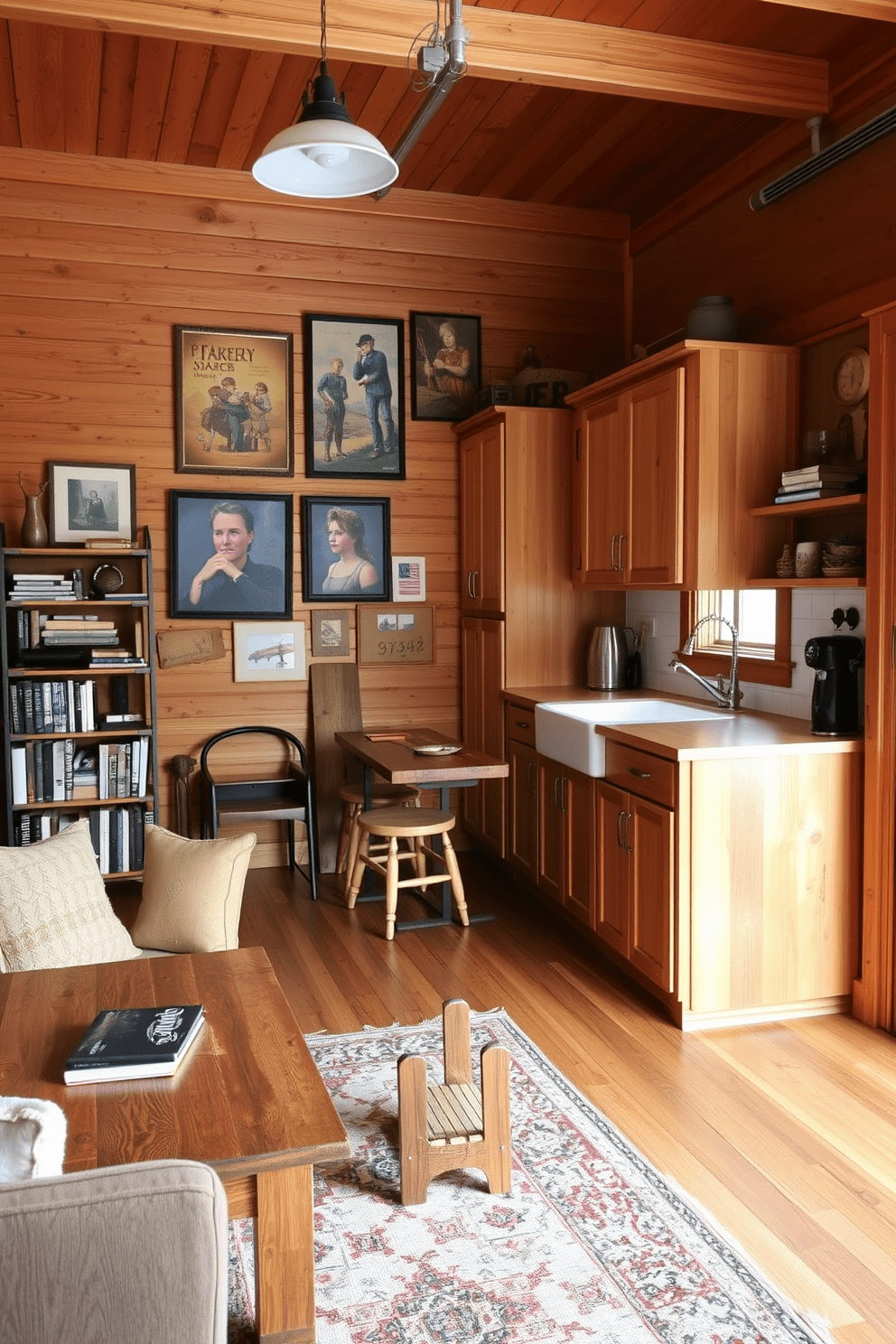 A cozy garage apartment featuring warm wood tones throughout the space. The living area includes a comfortable sofa paired with a reclaimed wood coffee table and a rustic bookshelf filled with books and decor. The kitchen showcases wooden cabinets with a natural finish, complemented by a farmhouse sink and open shelving. A small dining table made of reclaimed wood is set against a wall adorned with vintage art, creating an inviting atmosphere.