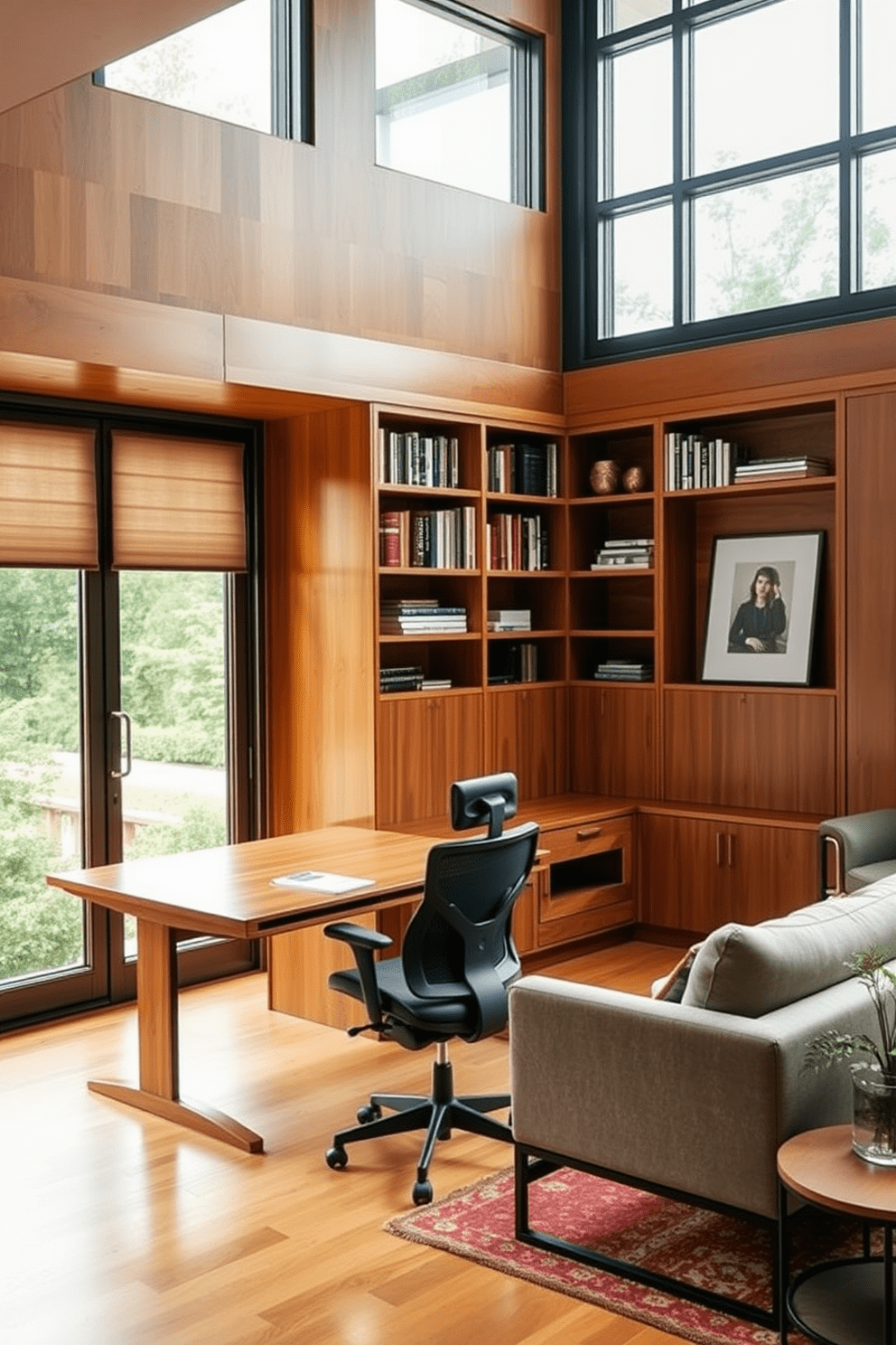 A functional workspace featuring a large wooden desk positioned against a wall with built-in shelves. The shelves are filled with books and decorative items, while a comfortable ergonomic chair sits at the desk. Adjacent to the workspace, a cozy seating area includes a small sofa and a coffee table, creating a perfect spot for relaxation. Large windows allow natural light to flood the space, enhancing the warm color palette of the room.