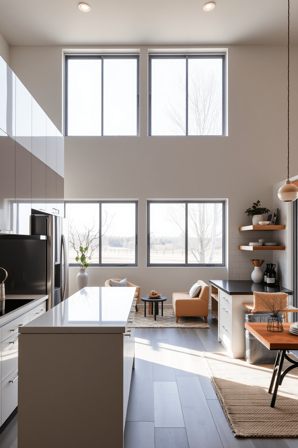 A modern kitchen featuring sleek stainless steel appliances and a large island with a quartz countertop. The cabinetry is minimalist with a high-gloss finish, and the backsplash is a stylish subway tile in a soft gray. The garage apartment design includes an open concept layout with a cozy living area and a compact kitchenette. Large windows provide ample natural light, and the decor blends contemporary furnishings with rustic elements for a warm atmosphere.