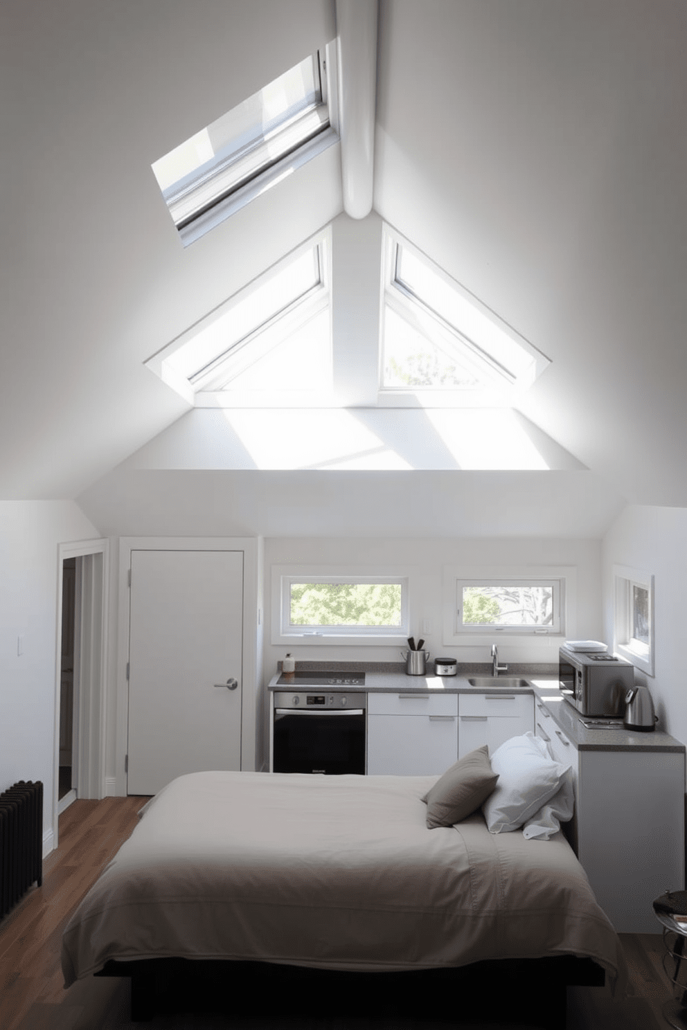 A cozy sleeping loft features large skylights that allow natural light to flood the space. The walls are painted in soft white, and a plush bed with layered bedding is positioned under the skylights for a serene sleeping experience. The garage apartment design incorporates an open layout that maximizes space and functionality. A compact kitchenette with modern appliances is seamlessly integrated into the living area, providing convenience without sacrificing style.