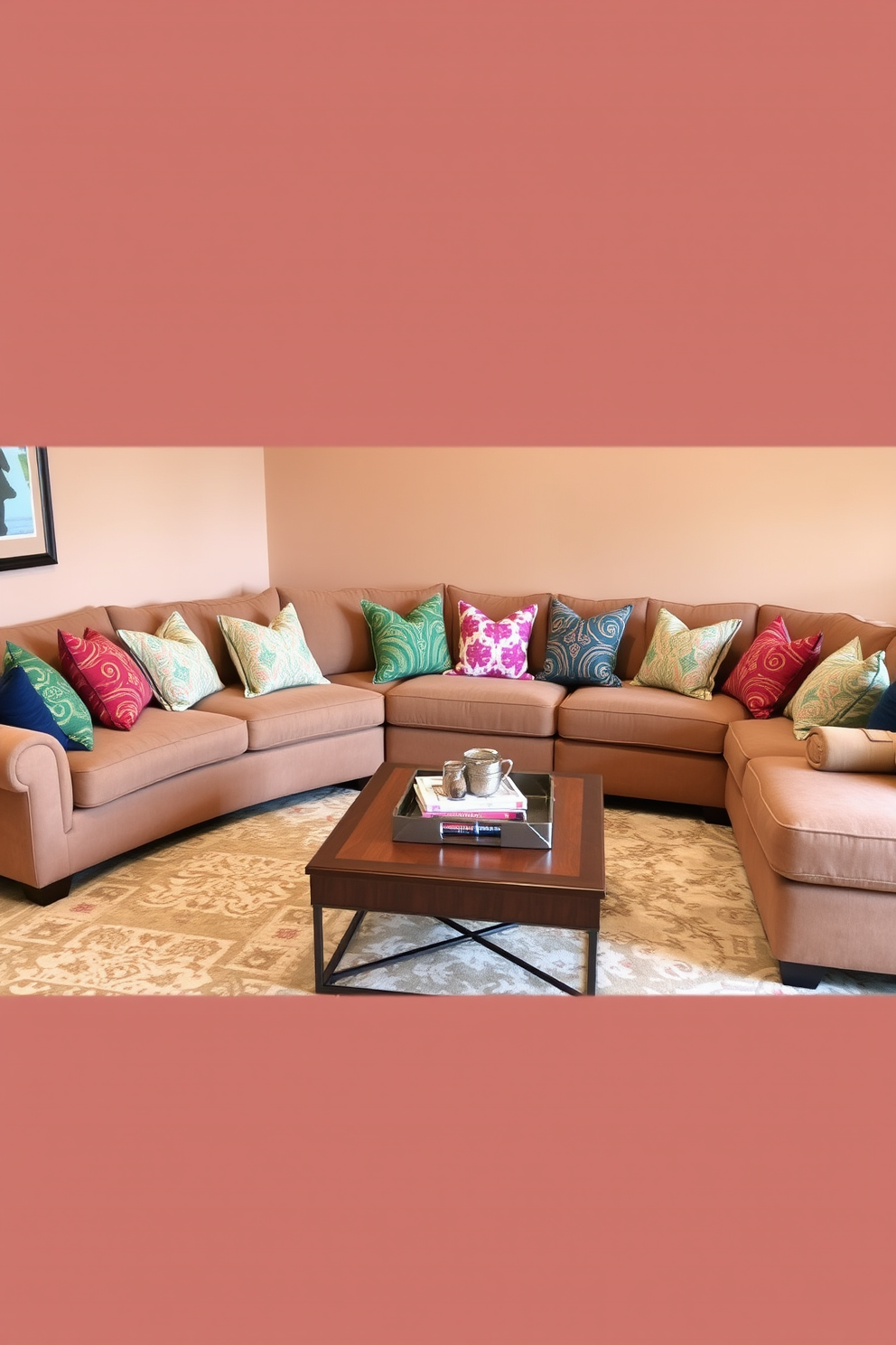 Cozy sectional with vibrant throw pillows. The sectional is upholstered in a soft fabric and is arranged to create an inviting conversation area. The walls are painted in a warm neutral tone, enhancing the cozy atmosphere. A large area rug anchors the space, while a stylish coffee table sits at the center, adorned with books and a decorative tray.