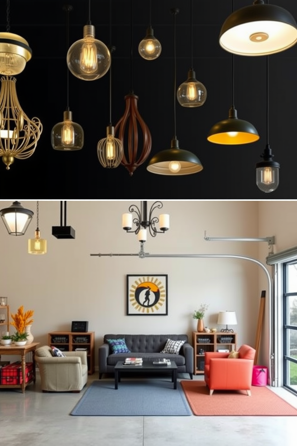 A collection of unique lighting fixtures that create a warm and inviting ambiance. The designs range from elegant chandeliers to modern pendant lights, each adding character to the space. A stylish garage transformed into a functional living area. This design incorporates comfortable seating, clever storage solutions, and vibrant decor to make the garage feel like an extension of the home.