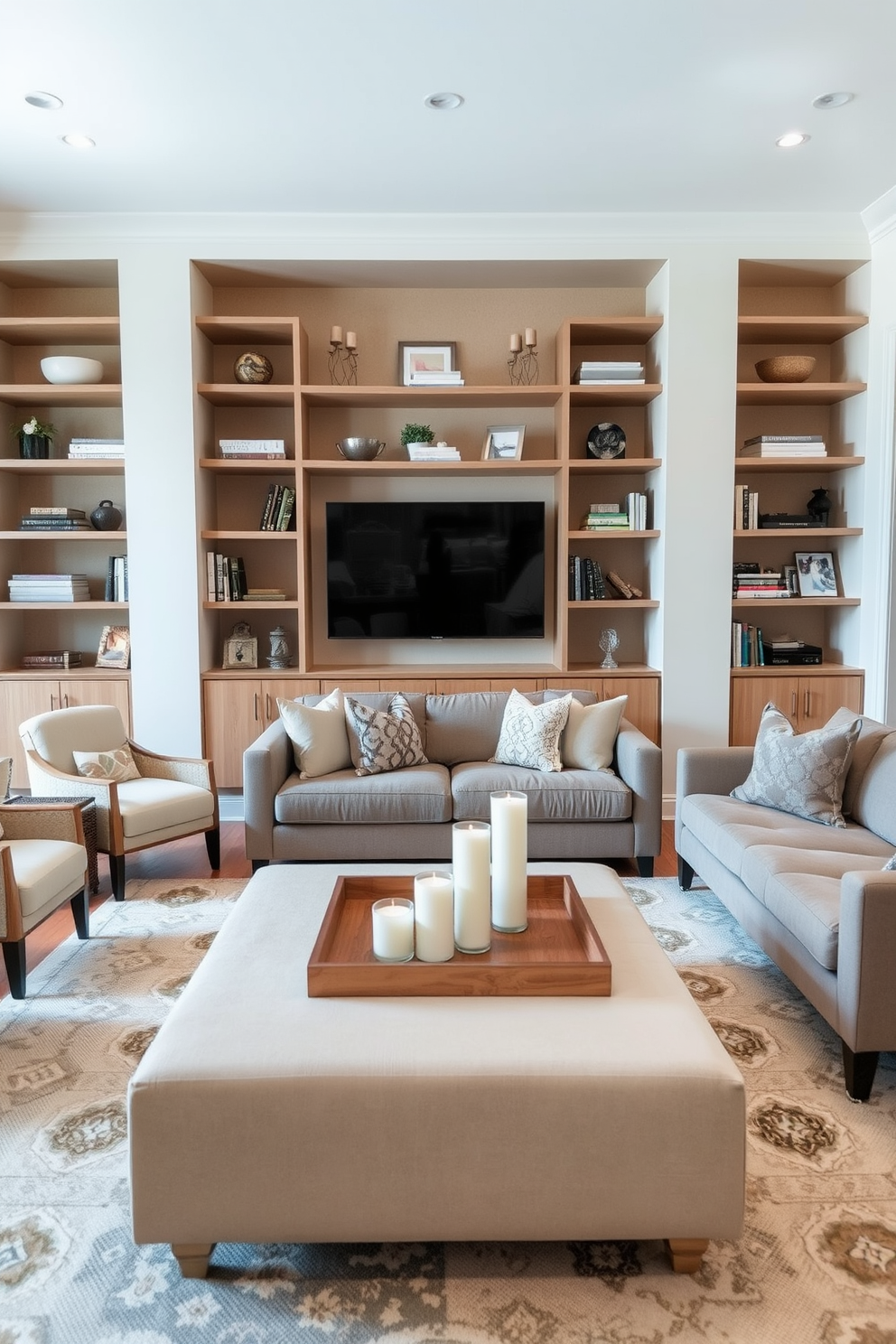 Open shelving units line the walls of the living room, showcasing a curated collection of decorative items and books. The shelves are made of natural wood, adding warmth to the space, while the backdrop features a soft, neutral paint color. The living room is designed with a cozy seating arrangement, including a plush sectional sofa and a pair of accent chairs. A large area rug anchors the space, and a stylish coffee table sits at the center, adorned with decorative trays and candles.