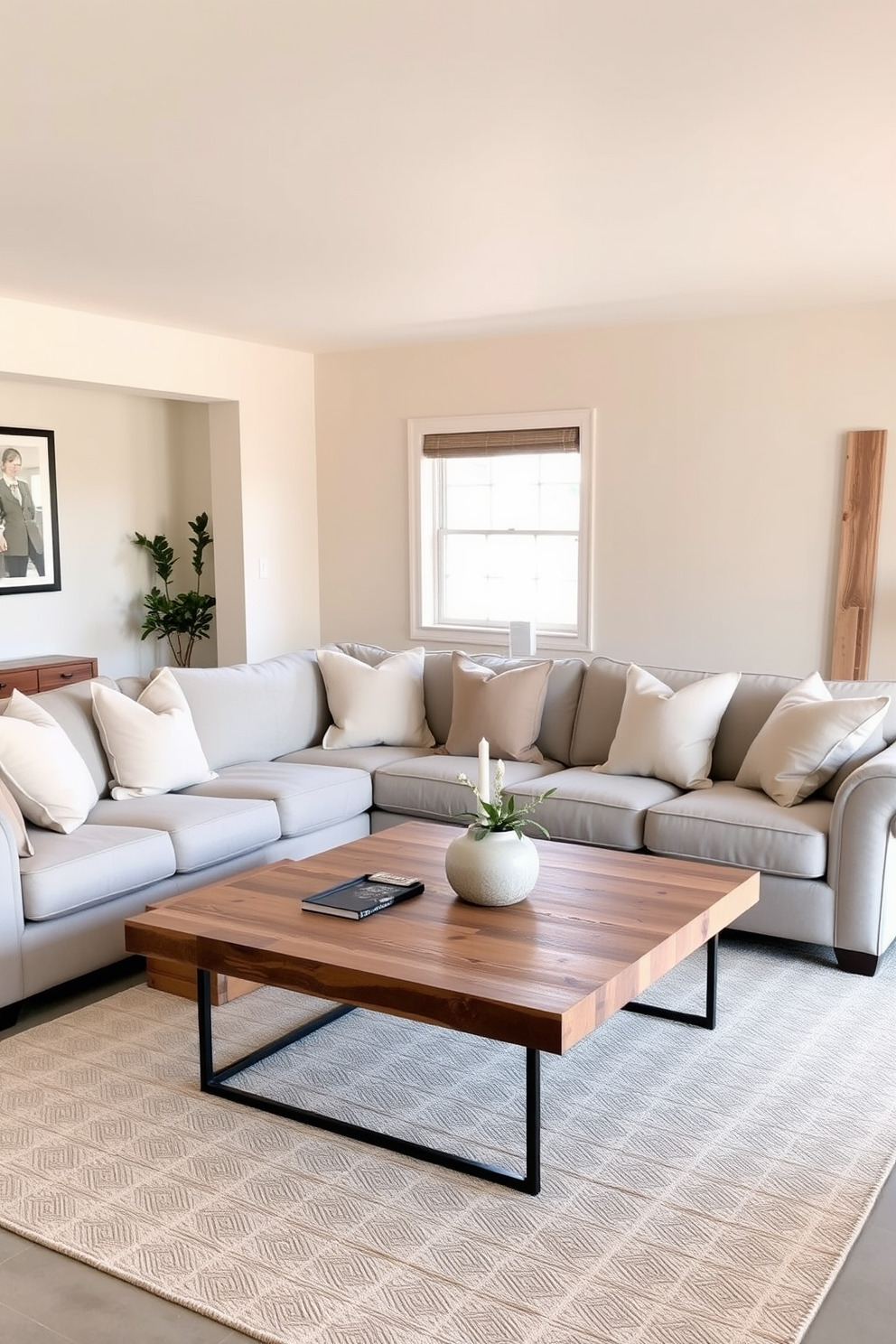 A serene garage living room designed with a neutral color palette creates a soothing atmosphere. Soft beige walls complement light gray furnishings, while natural wood accents add warmth to the space. The seating area features a plush sectional sofa adorned with cream and taupe throw pillows. A sleek coffee table made of reclaimed wood sits at the center, surrounded by a cozy area rug in subtle geometric patterns.