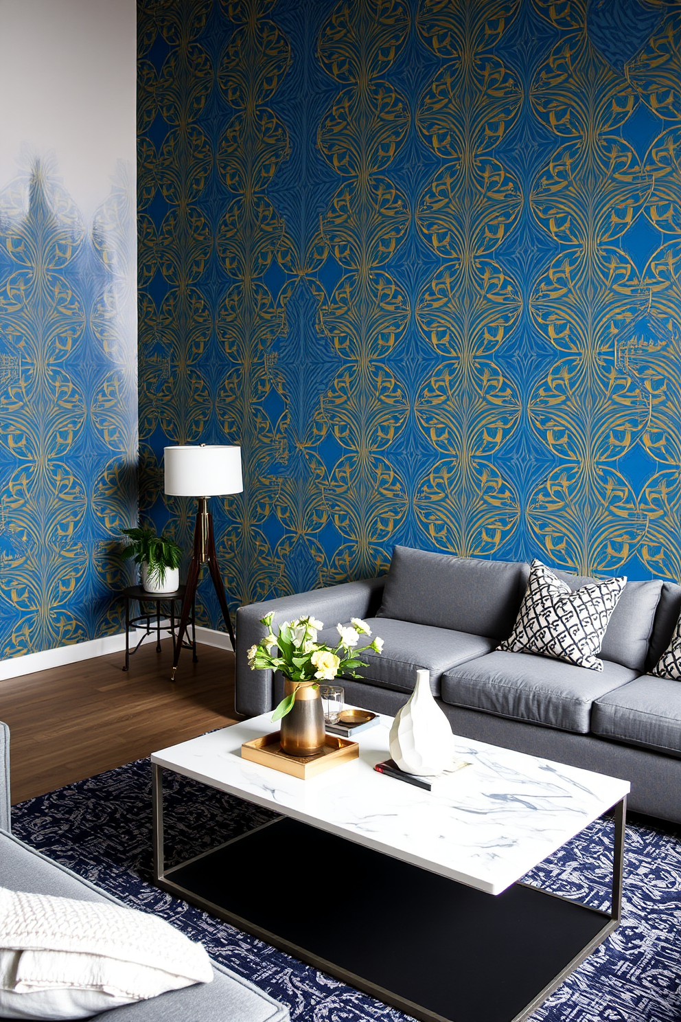 Accent wall with bold wallpaper design. The wallpaper features a vibrant geometric pattern in shades of blue and gold, creating a striking focal point in the room. Garage living room design ideas. The space combines functionality and style, featuring comfortable seating with a modern coffee table and decorative elements that reflect a contemporary aesthetic.