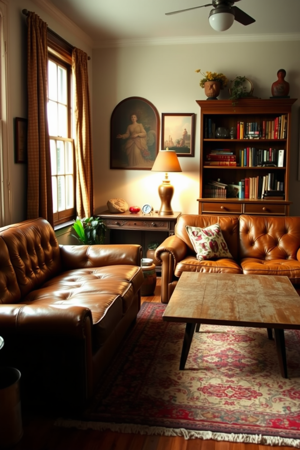 A cozy living room adorned with vintage furniture pieces that add character and charm. A distressed leather sofa is paired with a mid-century modern coffee table, creating a warm and inviting atmosphere. On one side of the room, an antique bookshelf showcases a collection of books and decorative items. A vintage area rug anchors the space, while soft lighting from a retro floor lamp casts a welcoming glow.