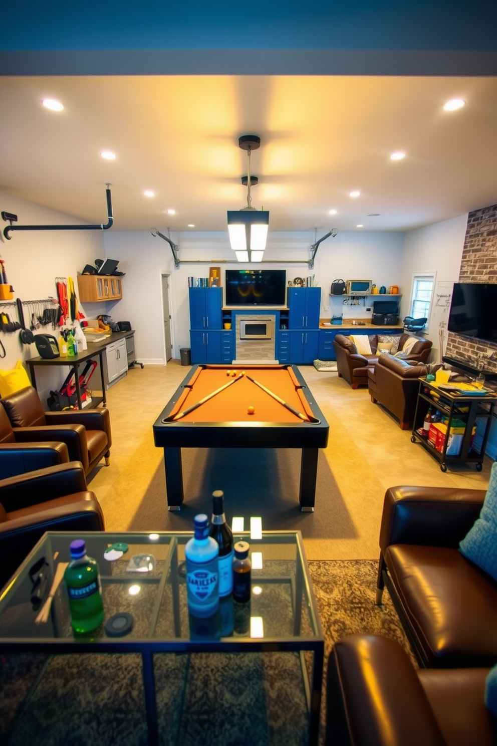 A vibrant game area featuring a sleek pool table centered in the room. Surrounding the table are comfortable leather chairs and a stylish bar cart stocked with drinks. A spacious garage transformed into a functional workspace. The design includes ample storage solutions, a workbench with tools, and bright overhead lighting for a productive atmosphere. An inviting living room designed for relaxation and entertainment. The space showcases a plush sectional sofa, a modern coffee table, and a large flat-screen TV mounted above a decorative fireplace.