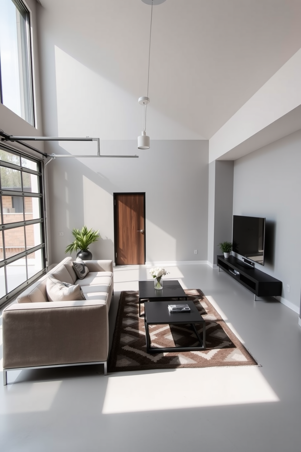 A sleek and open garage living room features a modern minimalist furniture arrangement. A low-profile sectional sofa in a neutral color faces a simple coffee table, while a large wall-mounted television is positioned for optimal viewing. Natural light floods the space through large windows, highlighting the clean lines and uncluttered design. A few carefully selected decorative elements, such as a geometric rug and potted plants, add warmth without overwhelming the minimalist aesthetic.