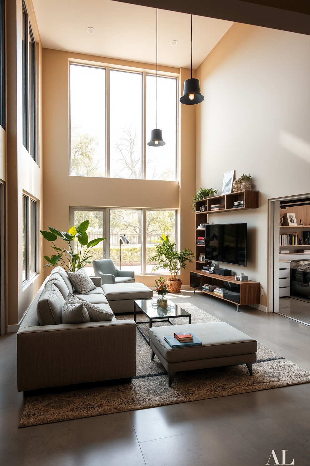 A spacious living room filled with natural light pouring in through floor-to-ceiling windows. The room features a cozy sectional sofa in soft gray, paired with a sleek coffee table and a plush area rug. To the side, a stylish entertainment center holds a large flat-screen TV, surrounded by decorative shelves showcasing books and art pieces. Potted plants are strategically placed near the windows, adding a touch of greenery to the space. The walls are painted in a warm beige, creating a welcoming atmosphere, while modern light fixtures hang from the ceiling to enhance the ambiance. A small reading nook with a comfortable chair and a floor lamp is positioned by the window, perfect for relaxation. Incorporating a garage area, the design includes a seamless transition from the living space to an organized garage with built-in storage solutions. The garage features a clean layout with ample lighting, making it functional yet stylish.