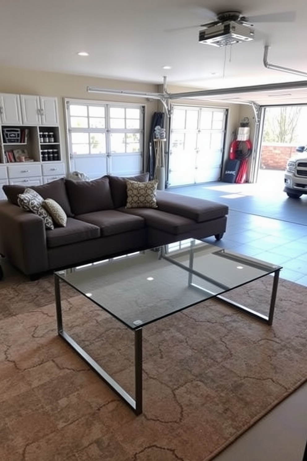 A chic coffee table serves as the central focus of the living room, crafted from sleek glass and supported by a minimalist metal frame. Surrounding the table are a plush sectional sofa adorned with textured cushions and a stylish area rug that complements the room's color palette. The garage is transformed into a stylish living space with organized storage solutions and comfortable seating. Large windows allow natural light to flood in, creating an inviting atmosphere perfect for relaxation and social gatherings.