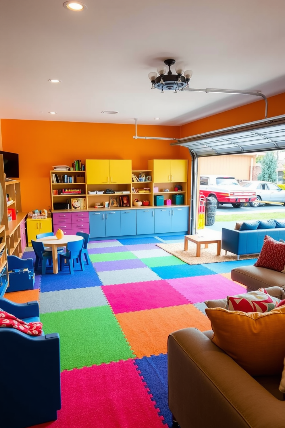 A vibrant play area for kids featuring soft, cushioned flooring in bright colors. The space includes a variety of playful furniture, such as a small table and chairs, and shelves filled with toys and books. A spacious garage designed for functionality and organization. The layout includes built-in storage cabinets, a workbench, and ample space for vehicles and outdoor equipment. A cozy living room with a warm color palette and inviting furnishings. The design includes a comfortable sectional sofa, a stylish coffee table, and large windows that allow natural light to fill the space.