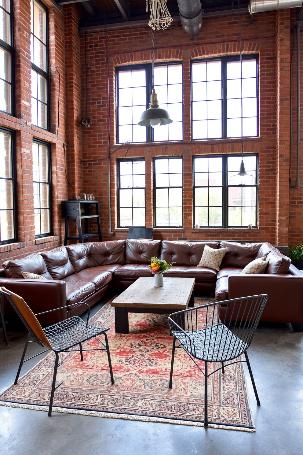 Industrial style with exposed brick walls. The space features a large leather sectional sofa and a reclaimed wood coffee table, complemented by metal accent chairs. Large windows let in natural light, highlighting the raw textures of the brick and concrete flooring. A vintage rug adds warmth, while industrial pendant lights hang from the ceiling, creating a cozy atmosphere.