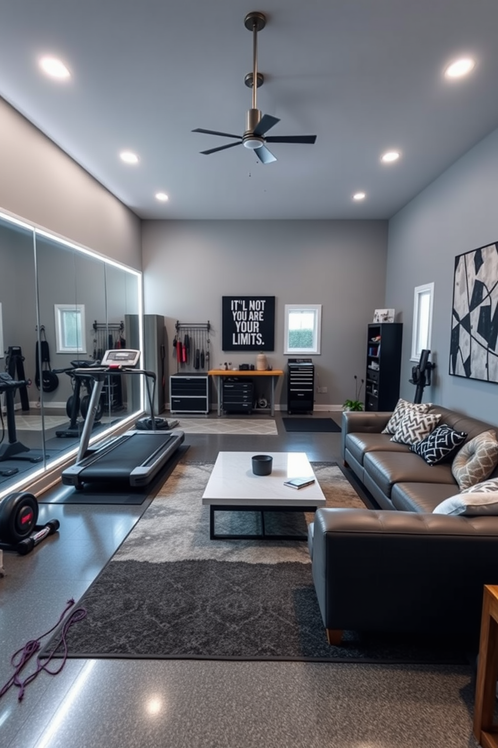 Personal gym setup for fitness enthusiasts. The space features a variety of workout equipment including a treadmill, weights, and a yoga mat. Bright LED lights illuminate the room, and large mirrors line one wall to enhance the sense of space. A motivational wall art piece inspires users to push their limits. Garage. The garage is organized with built-in cabinets and shelves for storage, featuring a sleek epoxy floor that is easy to clean. A workbench with tools is positioned against one wall, while the opposite side has space for a vehicle and outdoor gear. Living room design ideas. The living room is designed with a cozy sectional sofa and a statement coffee table at the center. Large windows allow natural light to fill the space, complemented by soft area rugs and decorative cushions that add warmth and style.