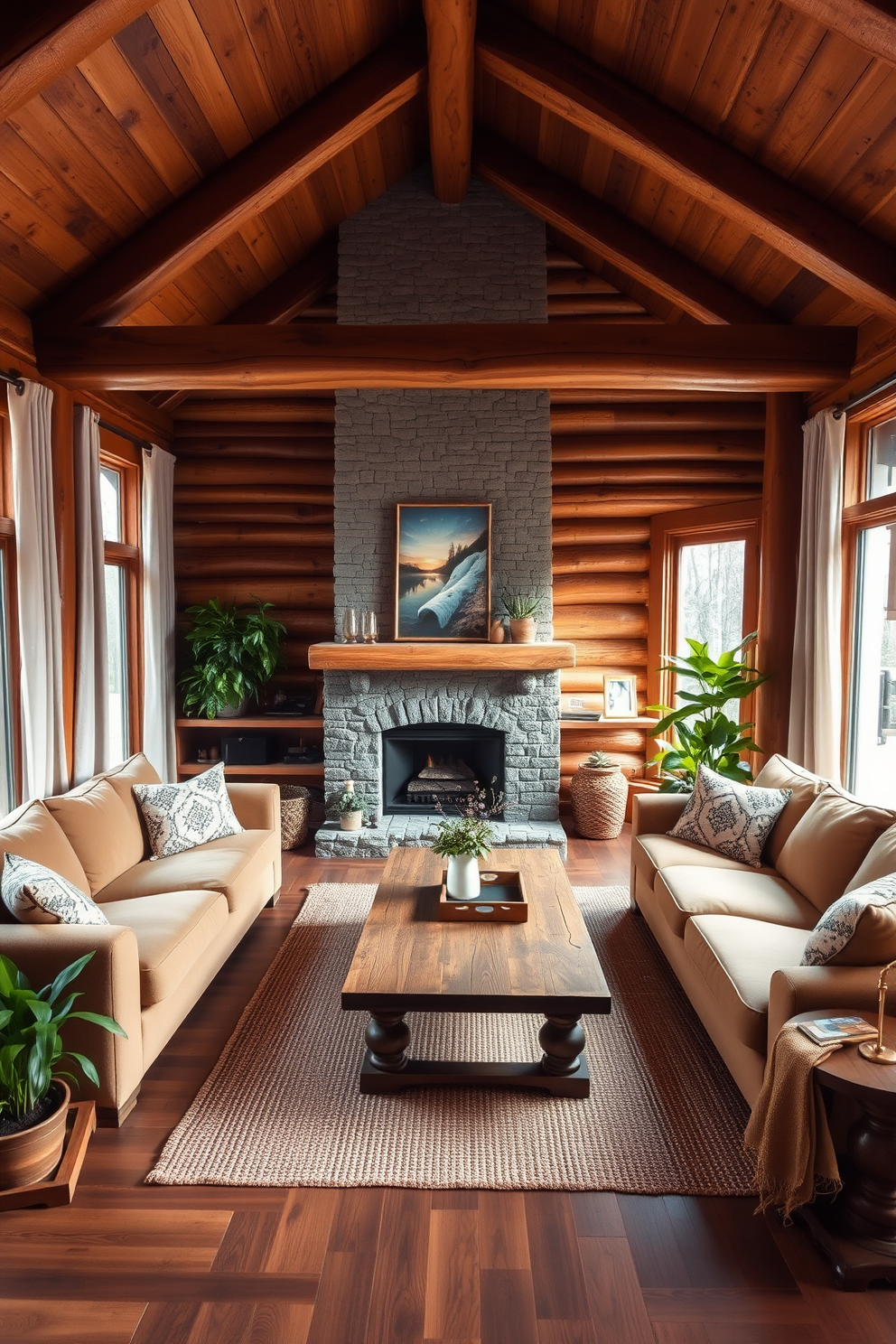 A cozy living room featuring warm wood accents that evoke a rustic feel. The space includes a large wooden coffee table surrounded by plush, earth-toned sofas and a stone fireplace that serves as the focal point. Natural light floods the room through large windows adorned with simple linen curtains. A woven area rug adds texture to the hardwood floor, while potted plants bring a touch of greenery to the inviting atmosphere.