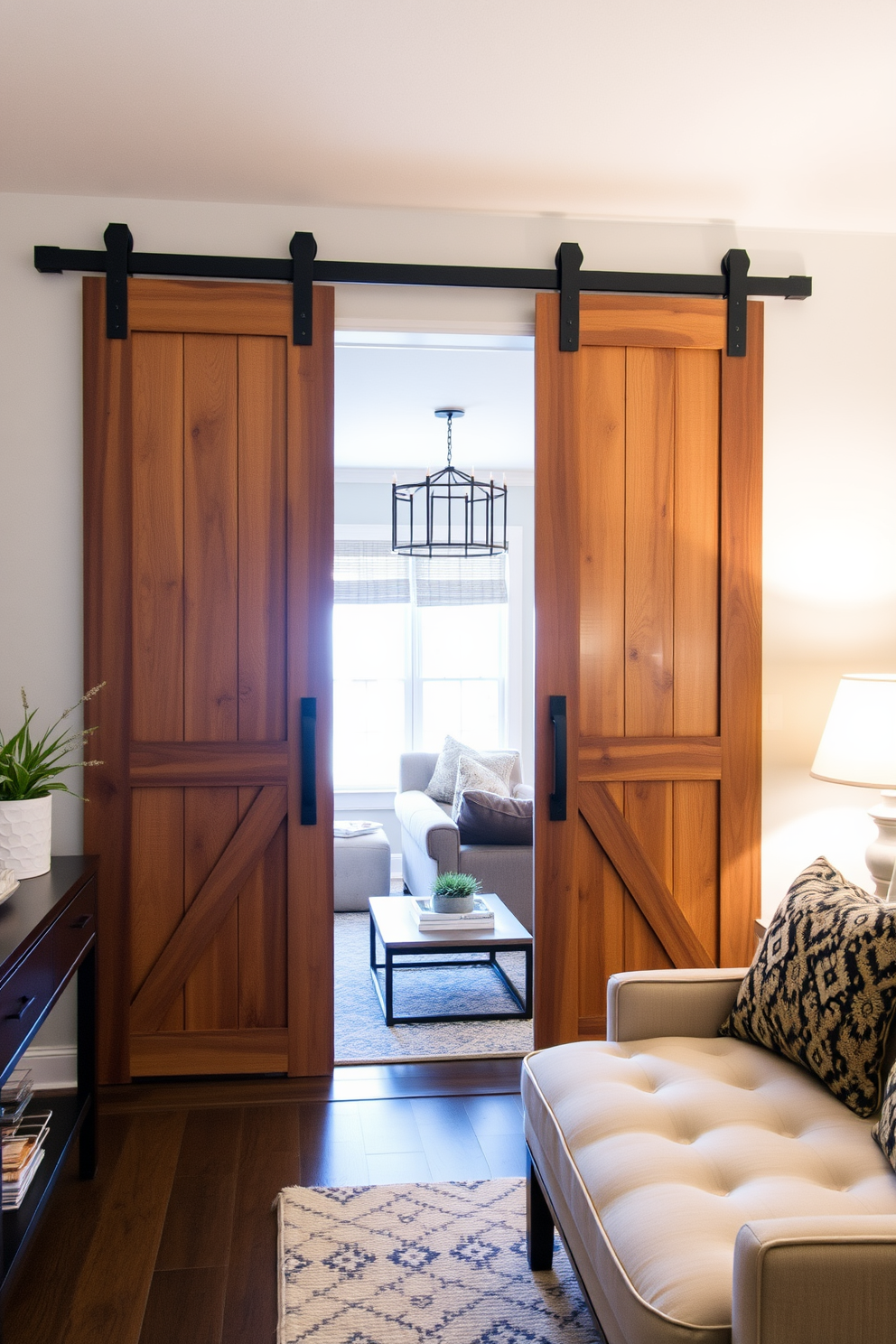 Sliding barn doors create a rustic yet modern entryway that enhances the overall aesthetic of your home. The warm wood tones of the doors complement the surrounding decor while providing a functional space-saving solution. In the living room, consider a cozy arrangement with a plush sectional sofa and a statement coffee table. Add layered lighting with stylish floor lamps and wall sconces to create an inviting atmosphere for relaxation and entertainment.